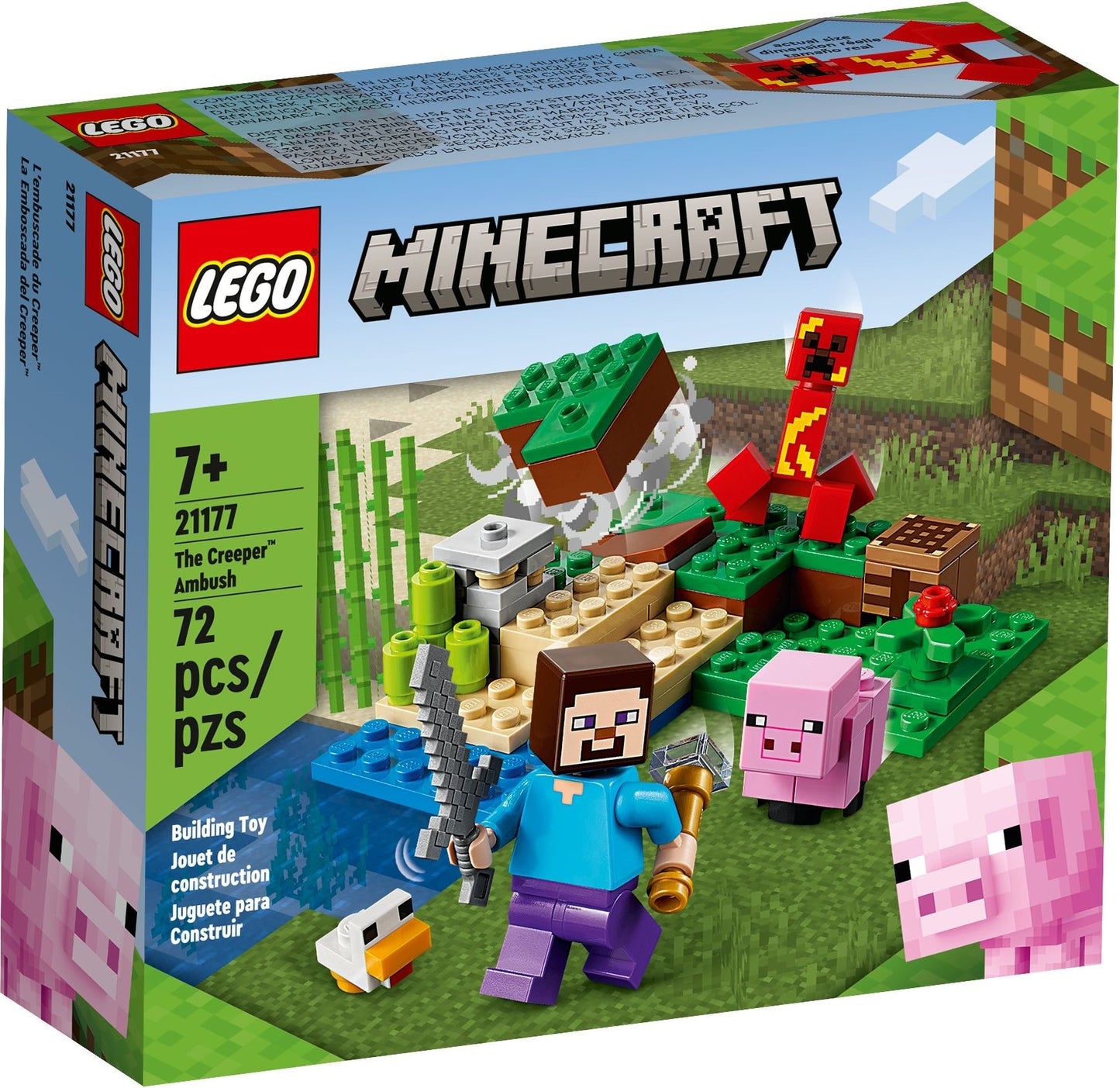LEGO Minecraft: 21177 Minecraft The Creeper Ambush Building Toy With Steve, Baby Pig & Chicken Figures, Gift Kids, Boys And Girls Age 7 Plus Years Old (21177) - New Sealed - box front