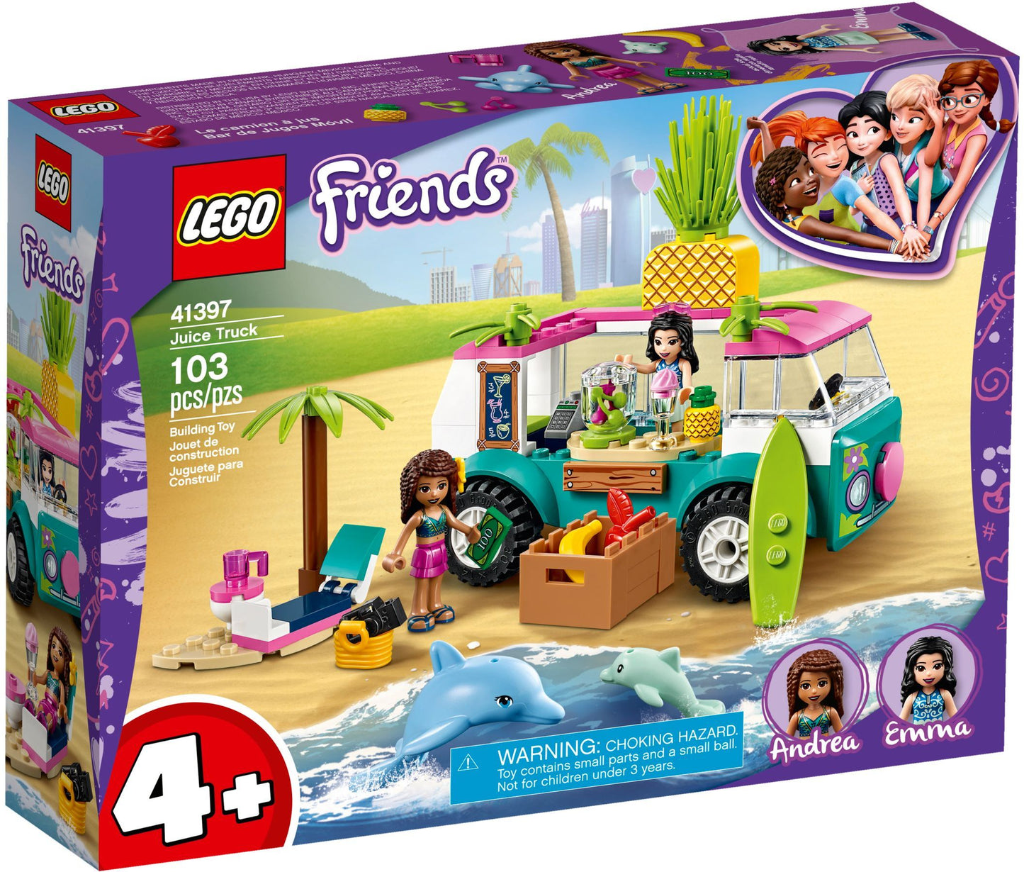LEGO Friends: 41397 Friends Juice Truck Toy Playset with Emma, 2 Dolphins and Beach Scene, for Preschool Kids 4 + Year Old (41397) - New Sealed - box front