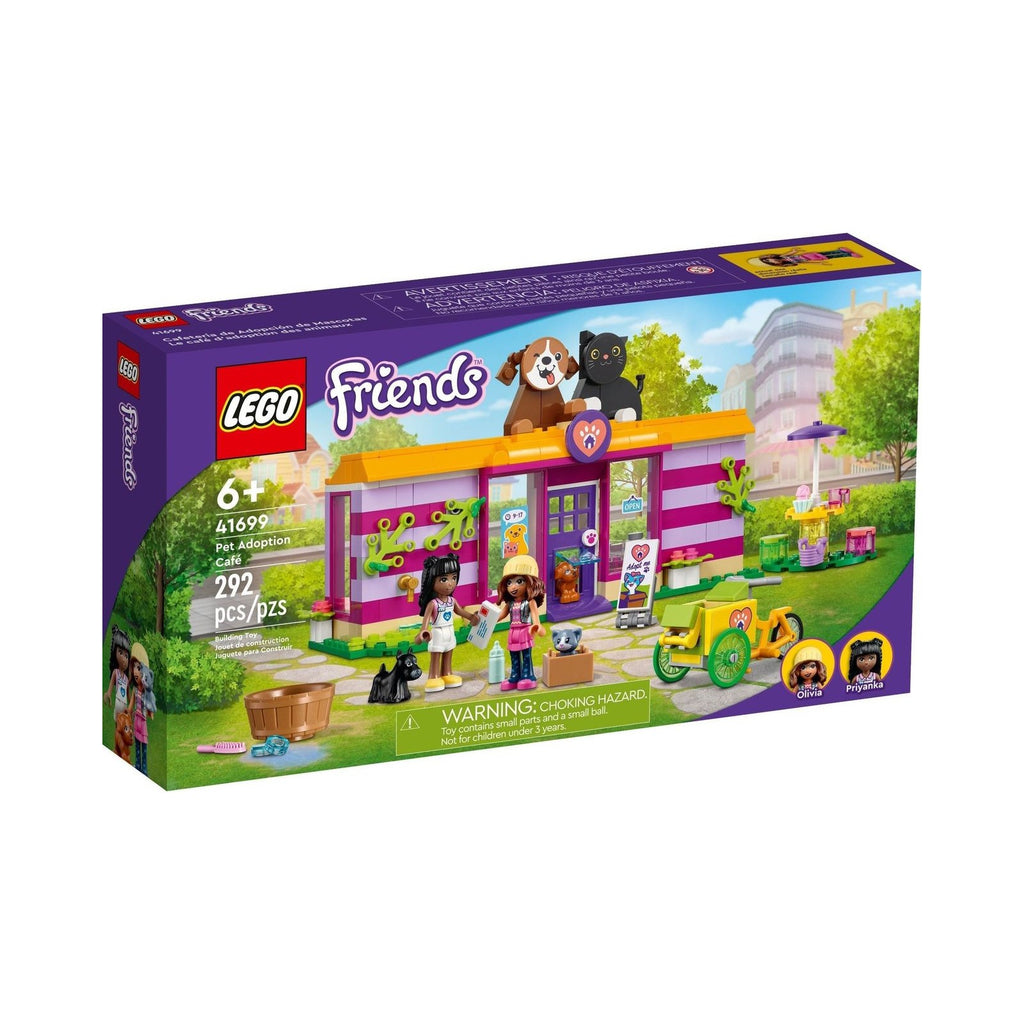 LEGO Friends: Friends Pet Adoption Café 41699 Building Kit; Birthday Gift Idea Comes with Olivia and Priyanka Mini-Dolls, 2 Dogs and 1 Cat Toy; For Kids Aged 6+ (292 Pieces) (41699) - New Sealed - box front