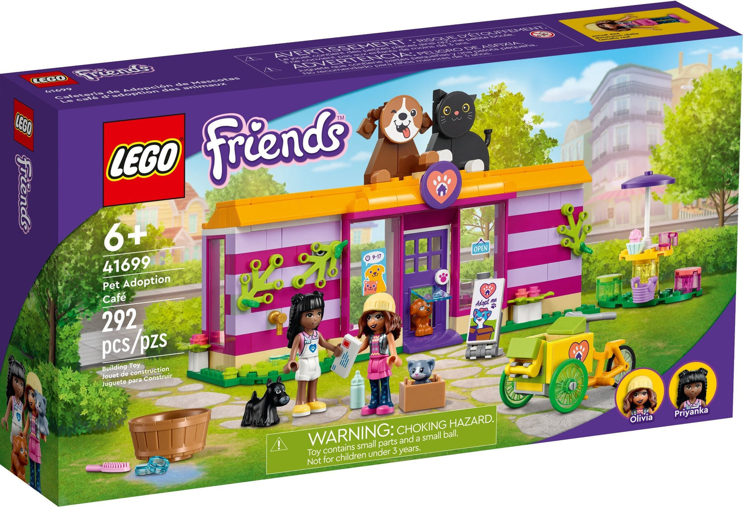LEGO Friends: Friends Pet Adoption Café 41699 Building Kit; Birthday Gift Idea Comes with Olivia and Priyanka Mini-Dolls, 2 Dogs and 1 Cat Toy; For Kids Aged 6+ (292 Pieces) (41699) - New Sealed - box front