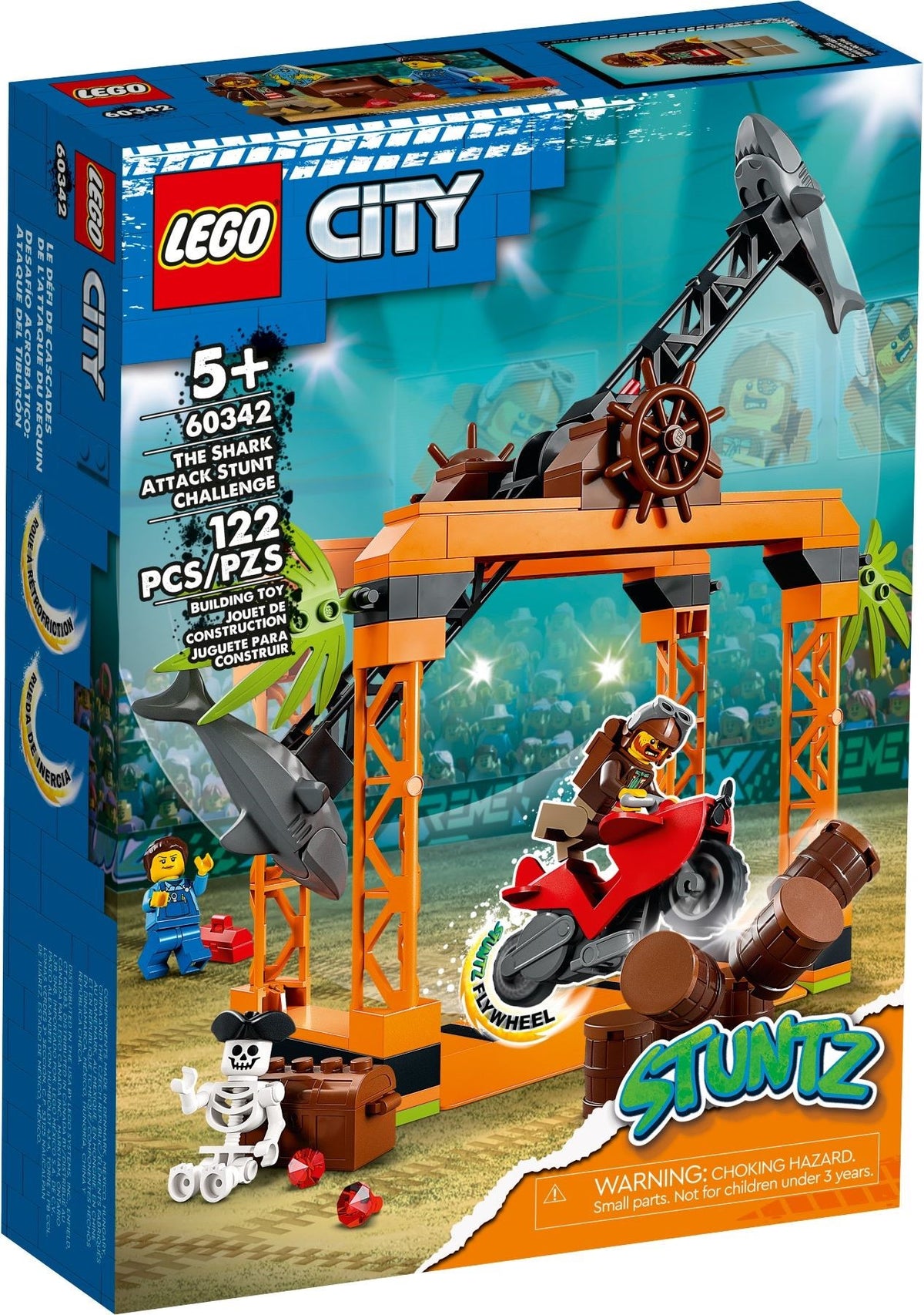 LEGO City: 60342 City Stuntz The Shark Attack Stunt Challenge Adventure Series Toy with Flywheel Powered Stunt Bike & Racer Minifigure, Toys for Kids 5 Plus Year Old (60342) - New Sealed - box front
