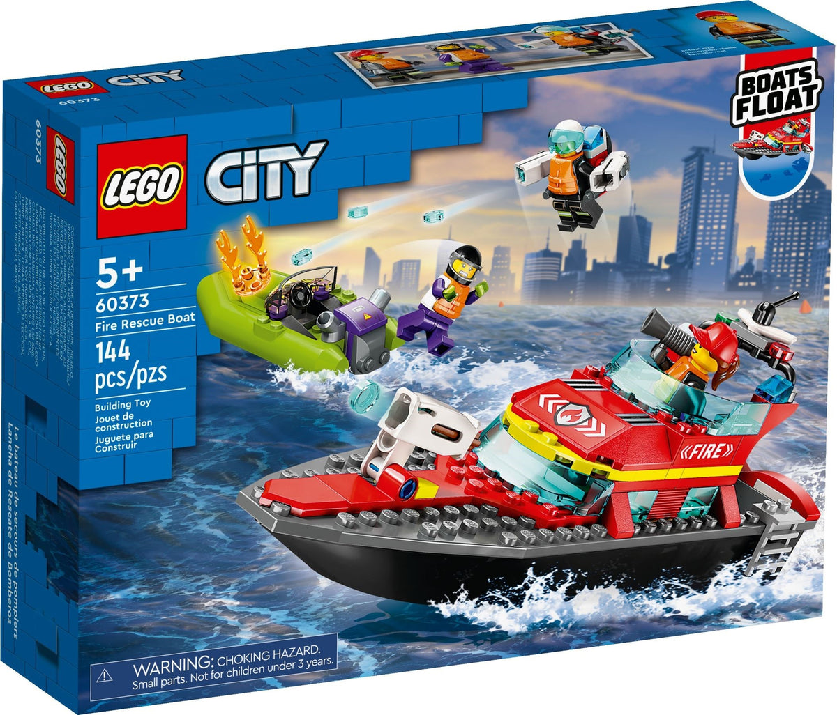 LEGO City: 60373 City Fire Rescue Boat Toy, Floats on Water, with Jetpack, Dinghy and 3 Minifigures, Everyday Hero Toys for Boys and Girls Aged 5+, Gift Idea (60373) - New Sealed - box front