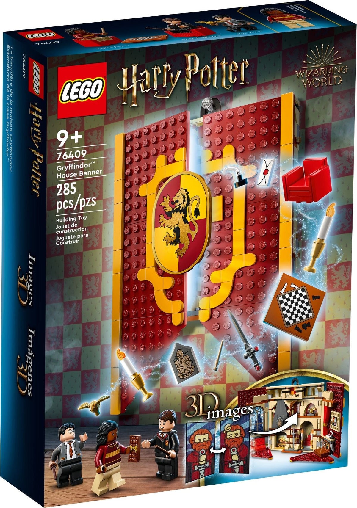 LEGO Harry Potter: 76409 Harry Potter Gryffindor House Banner Set, Hogwarts Castle Common Room Toy or Wall Display, Fold Up Travel Toy, Collectible with 3 Minifigures (76409) - New Sealed - box front