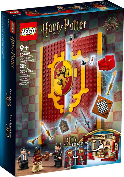 LEGO Harry Potter: 76409 Harry Potter Gryffindor House Banner Set, Hogwarts Castle Common Room Toy or Wall Display, Fold Up Travel Toy, Collectible with 3 Minifigures (76409) - New Sealed - box front