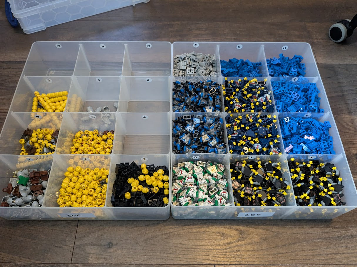 LEGO minifigure parts being sorted and inventoried