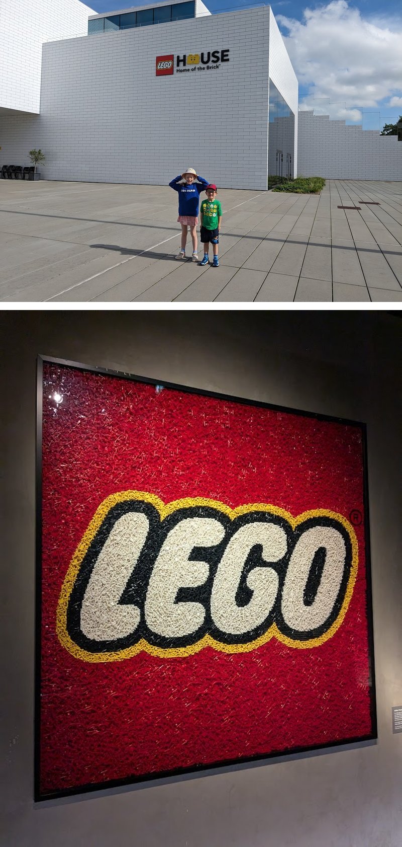 Max and Emmie at LEGO House in Billund, and the iconic LEGO sign made from bricks