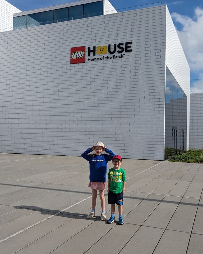 Max and Emmie Hadley outside LEGO House, Home of the Brick, in Billund