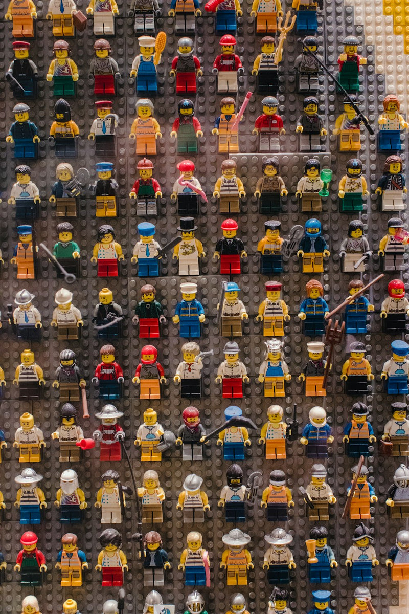 A wall of LEGO minifigures